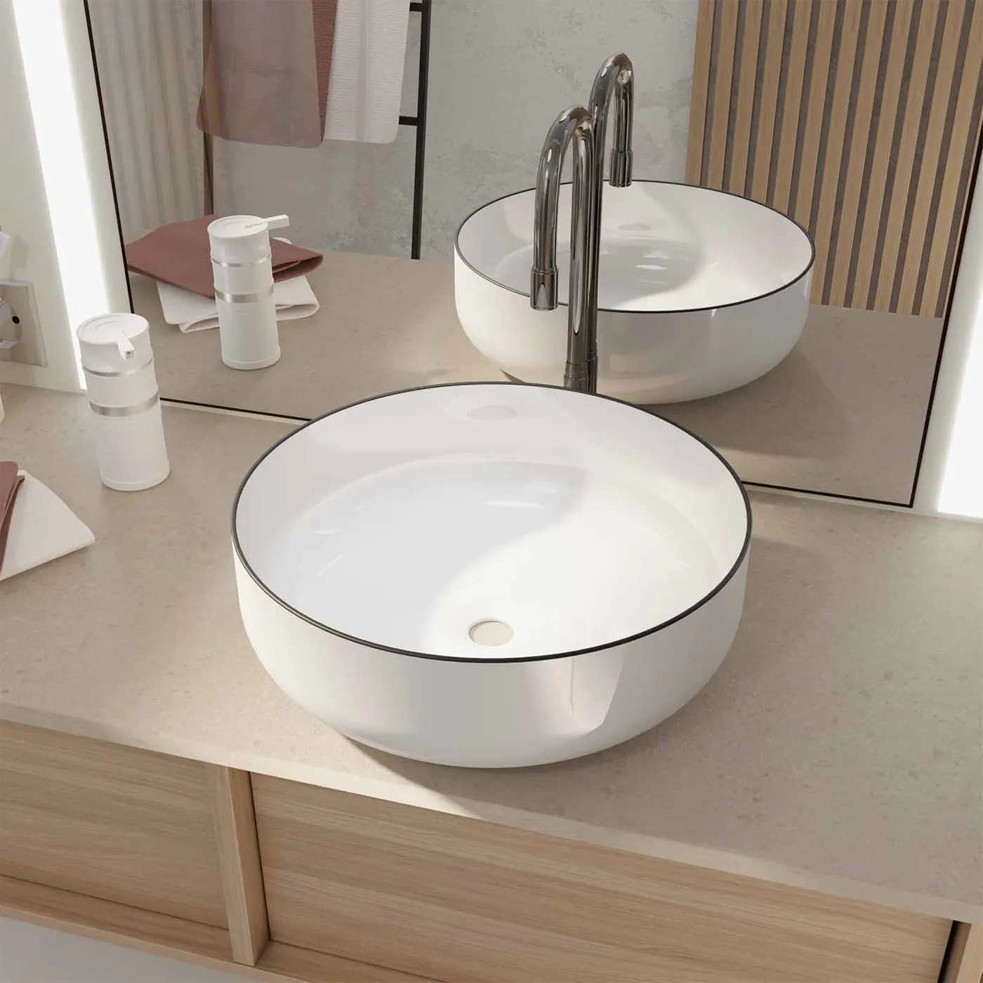 Aurlane Round Ceramic Basin White Black Rim 42cm - Image 2